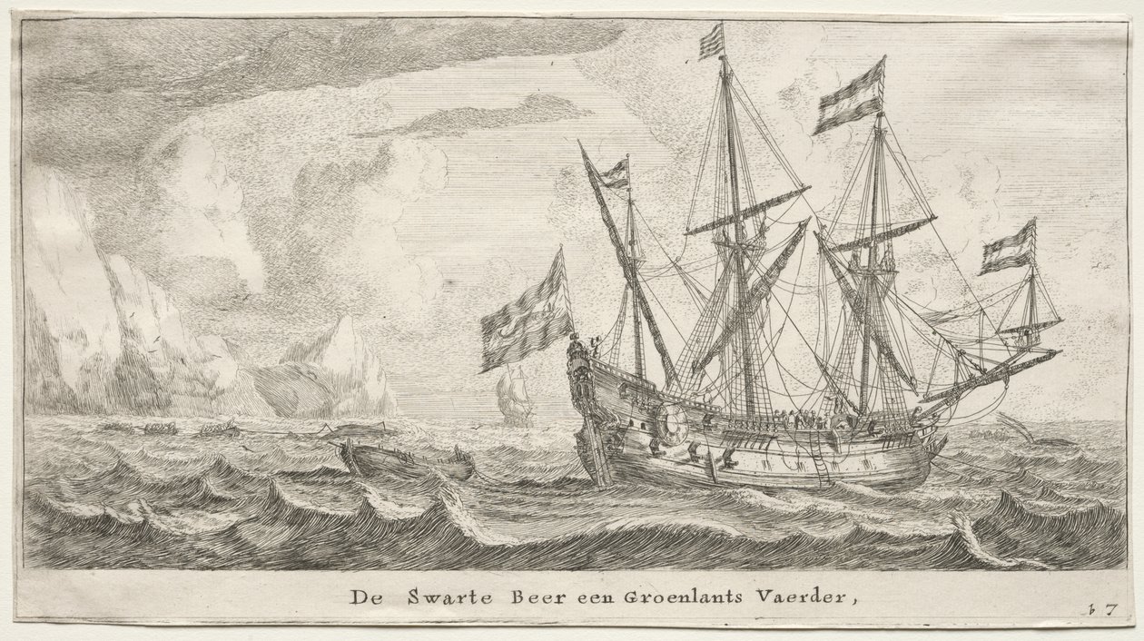 Różne statki i widoki Amsterdamu (Verscheÿde Schepen en Gesichten van Amstelredam), część II: Czarny niedźwiedź, wielorybnik grenlandzki autorstwa Clement de Jonghe