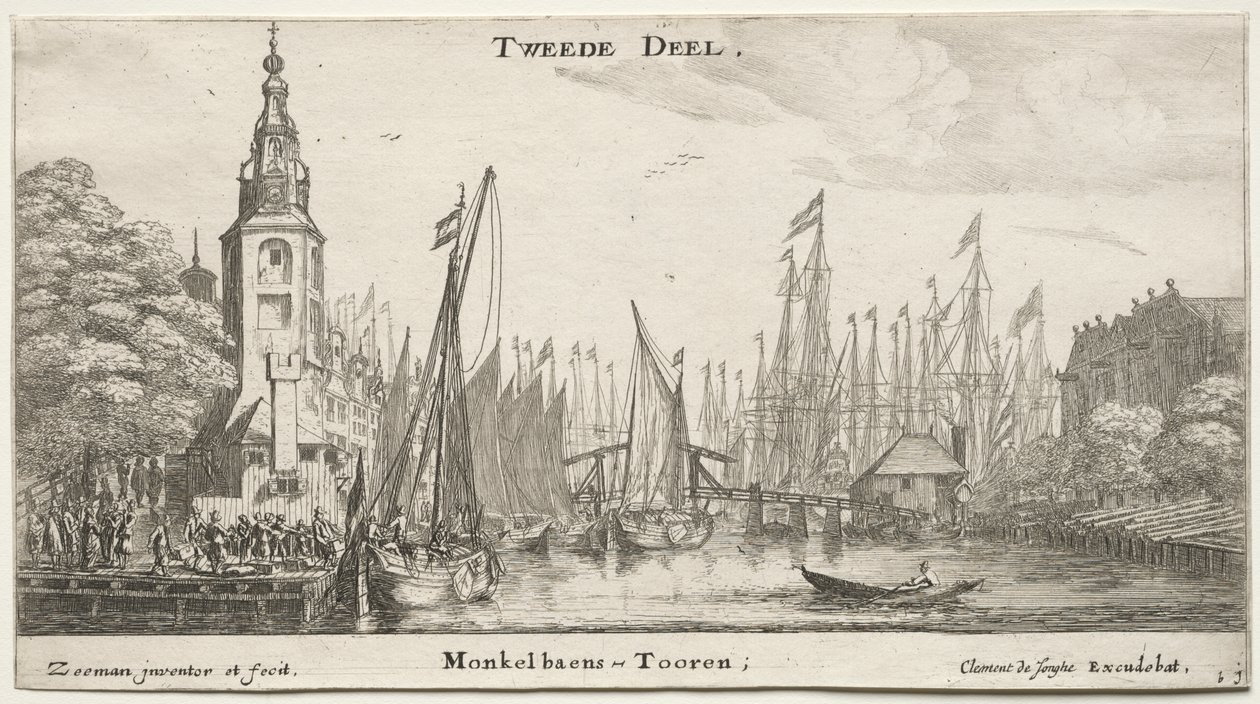 Różne statki i widoki Amsterdamu (Verscheÿde Schepen en Gesichten van Amstelredam), część II: Kanał pod Amsterdamem i Wieża Monkel autorstwa Clement de Jonghe