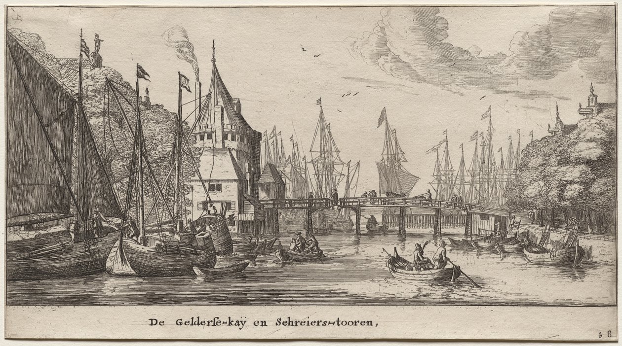 Różne statki i widoki Amsterdamu (Verscheÿde Schepen en Gesichten van Amstelredam), część II: Geldersche Quai i wieża Schreiers autorstwa Clement de Jonghe