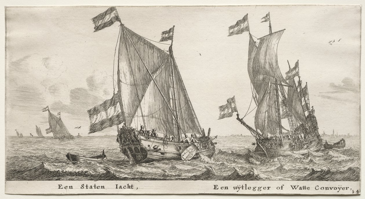 Różne statki i widoki Amsterdamu (Verscheÿde Schepen en Gesichten van Amstelredam), Część II: Holenderski Jacht Admiralicji. Statek strażniczy autorstwa Clement de Jonghe