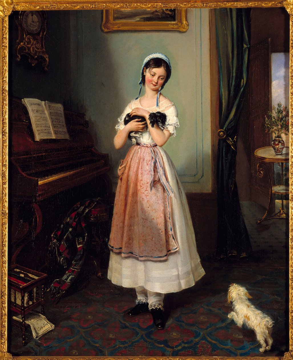 Młoda dziewczyna w mieszczańskim wnętrzu z dwoma psami. Obraz Clementine de Bar (1807-1856) XIX-wieczny Paryż, Galerie Garoche autorstwa Clementine de Bar
