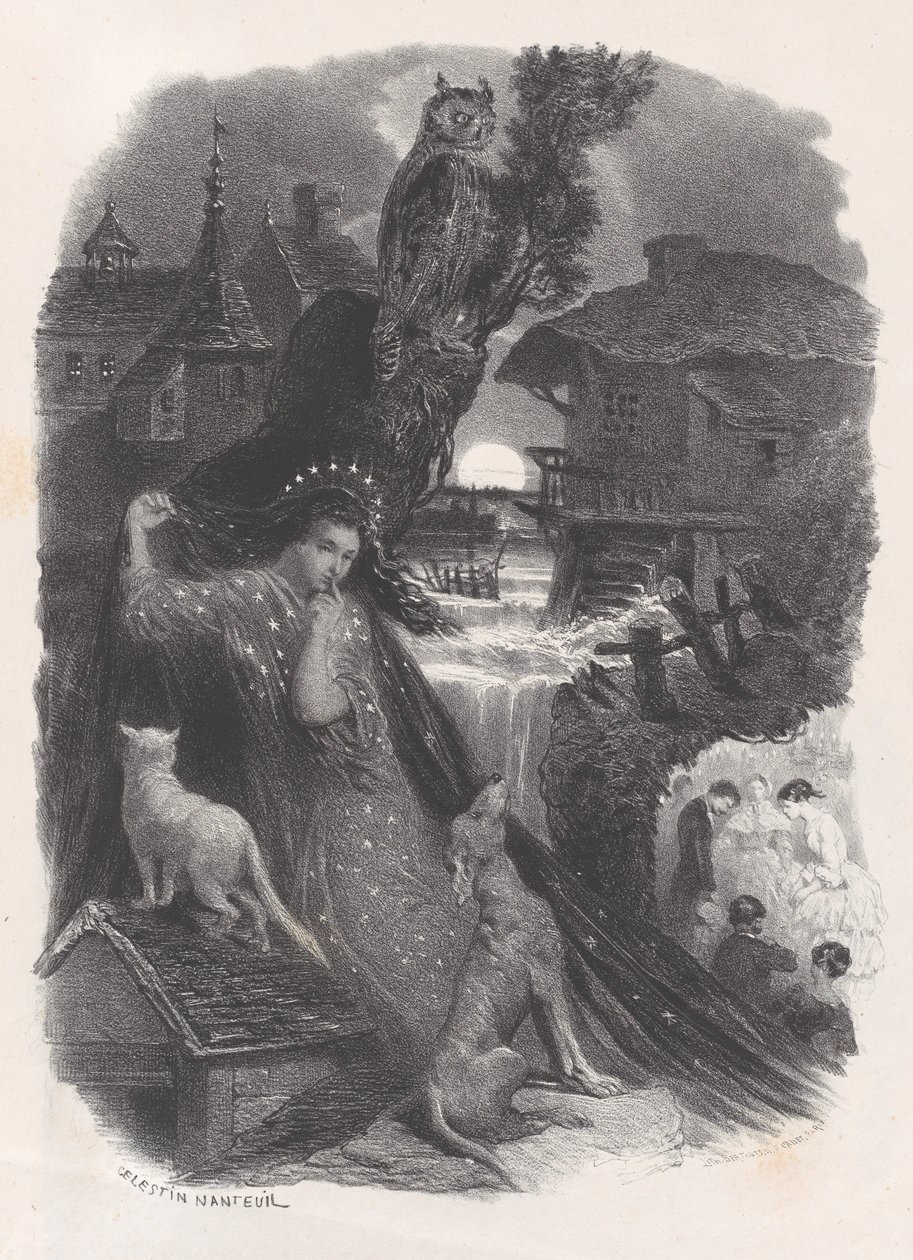 Noc, winieta dziewczyny w XVIII-wiecznym stroju zbierającej róże na rewersie, ok. godz. 1830-65. autorstwa Célestin Nanteuil