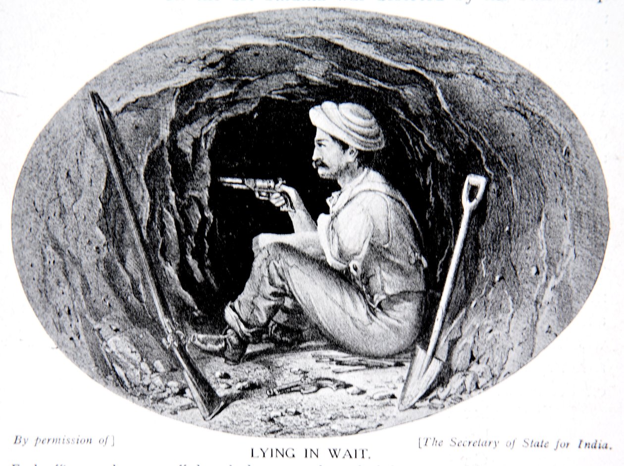 Leżąc w oczekiwaniu, ilustracja z "Historii narodu". autorstwa Clifford Henry Mecham