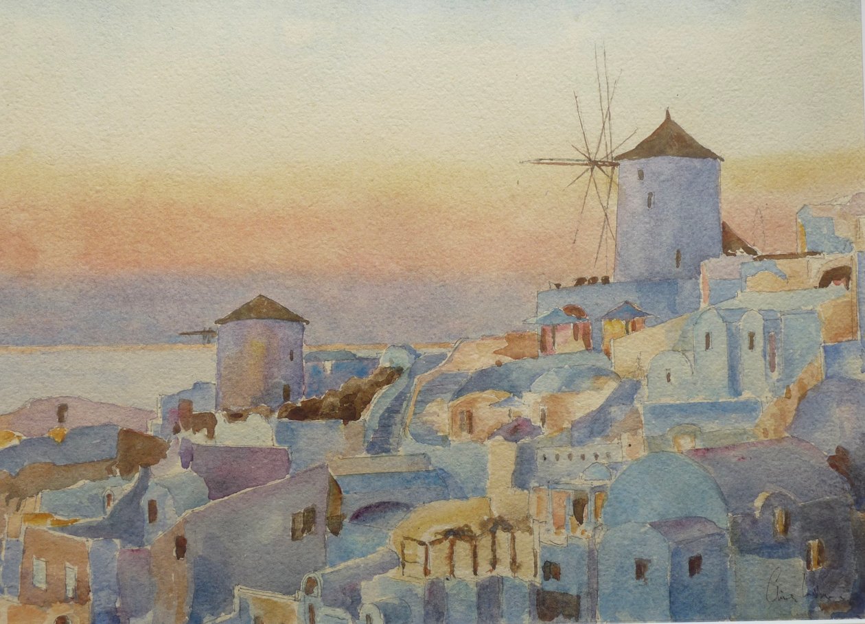 Santorini Oia – Zachód słońca, Czas rozświetlania, 2019 (akwarela) autorstwa Clive Wilson