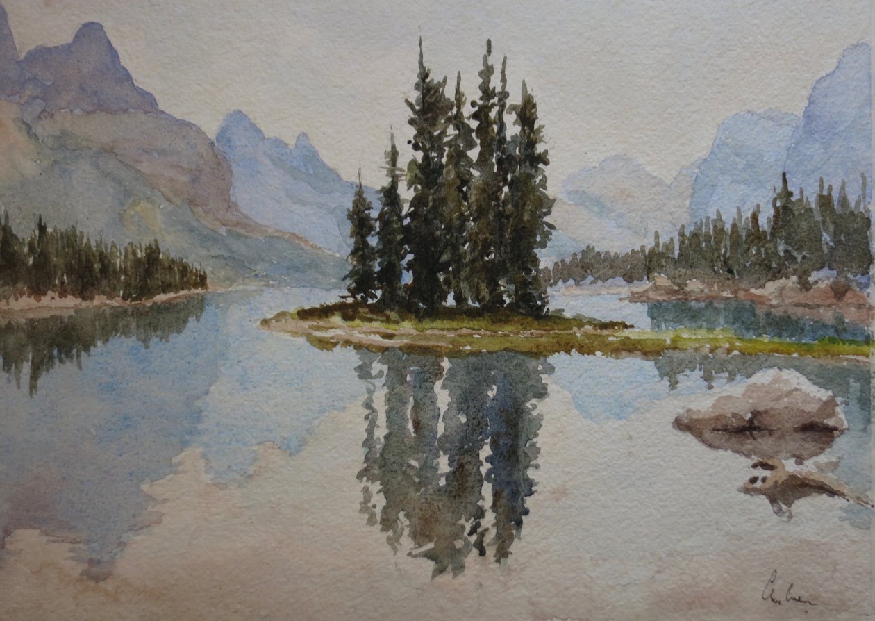 Wyspa Duchów, jezioro Maligne (1), 2016 (akwarela) autorstwa Clive Wilson