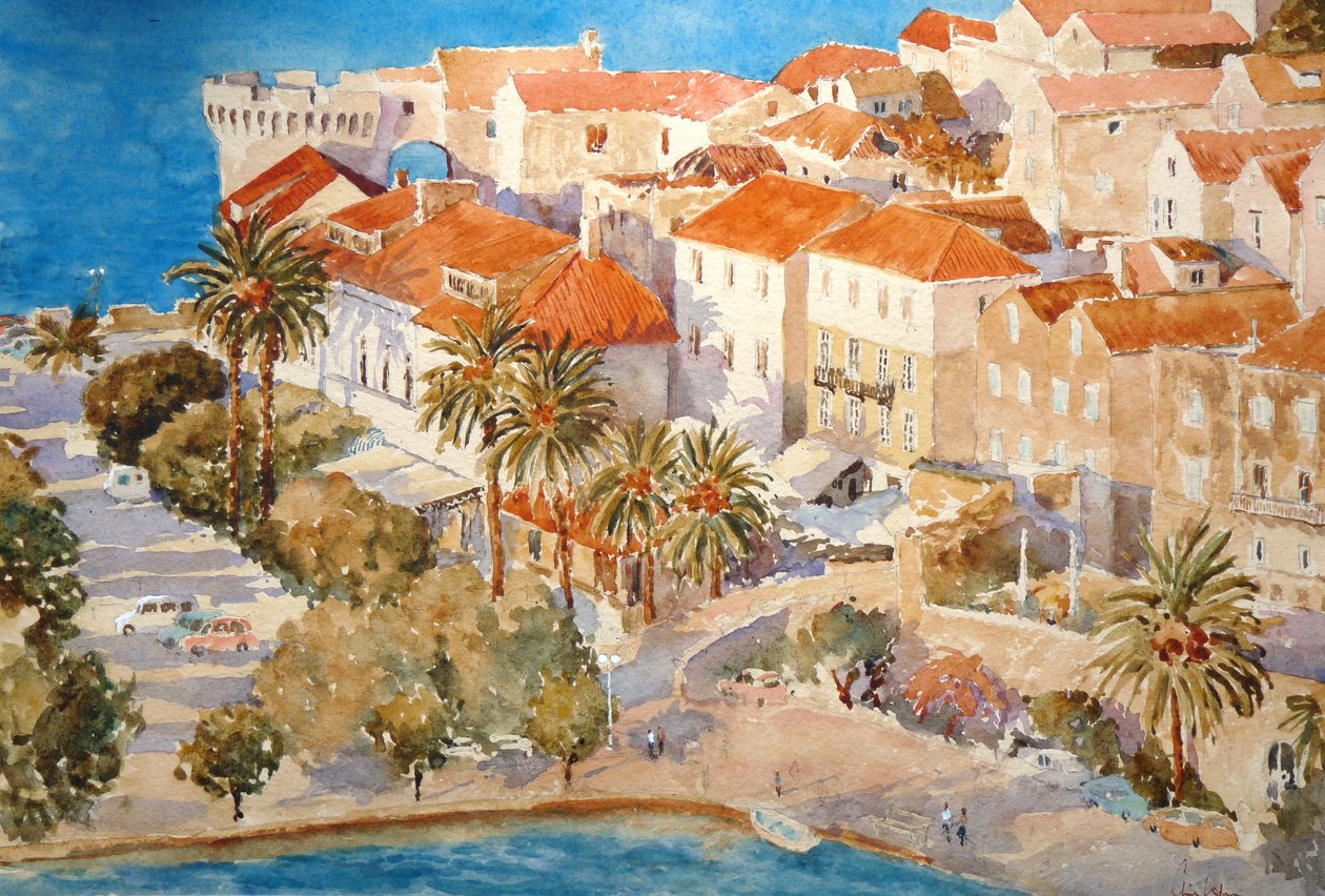 Zachód słońca, port Korçula, 2011 (akwarela) autorstwa Clive Wilson