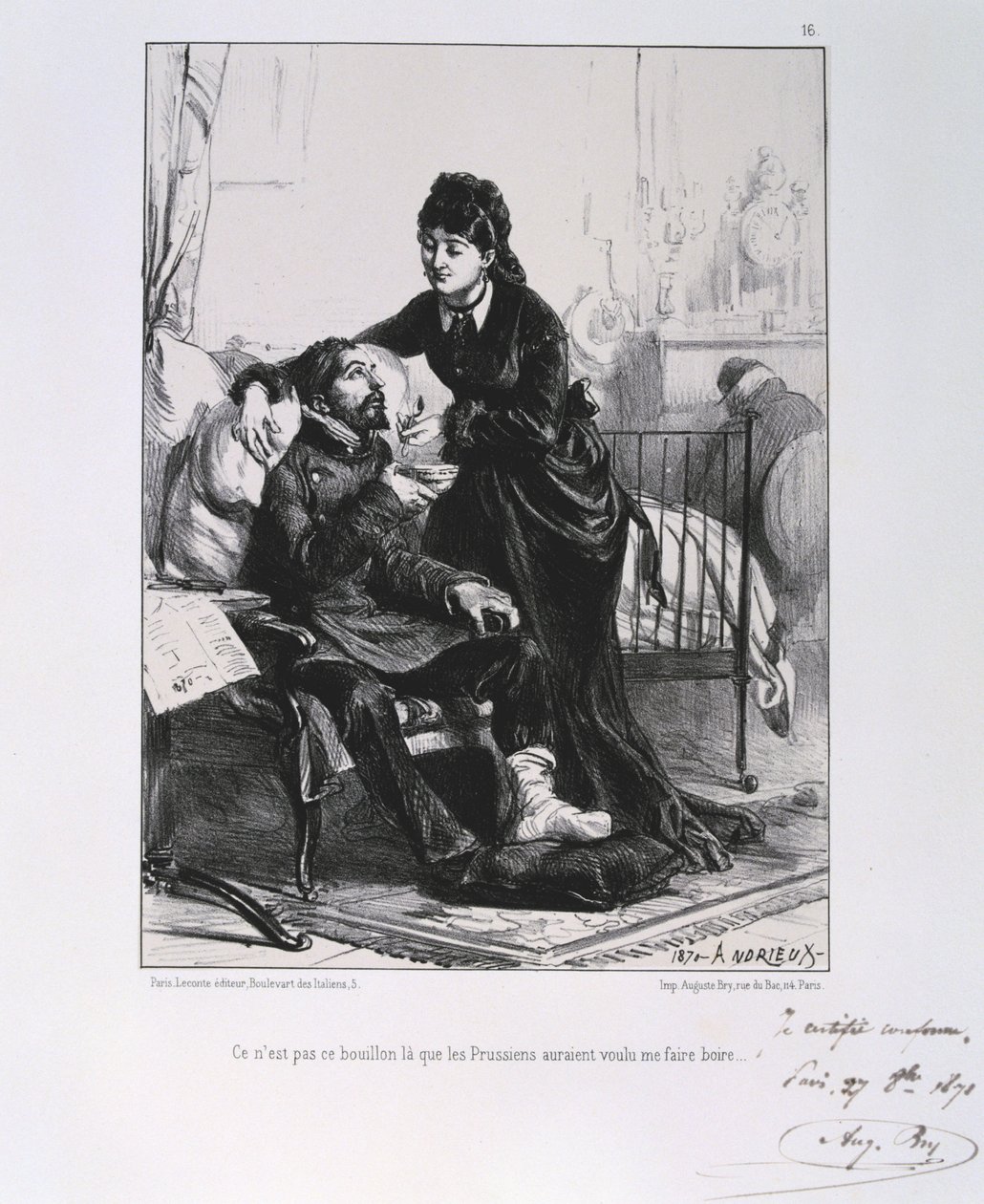 Wojna francusko-pruska 1870-1871: karmienie i karmienie rannego żołnierza. Z serii litografii Clementa Augusta Andrieux na temat Gardes Nationales. autorstwa Clément Auguste Andrieux
