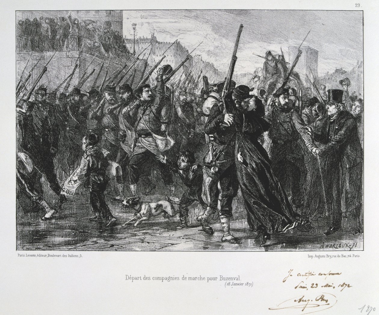 Wojna francusko-pruska 1870-1871: Bitwa pod Buzenval (Góra Valerien) w pobliżu Wersalu 19 stycznia 1871. Garde National maszeruje do bitwy i klęski. Z serii litografii Clementa Augusta Andrieux na temat Gardes Nationales. autorstwa Clément Auguste Andrieux