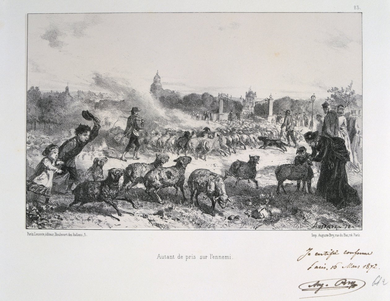 Wojna francusko-pruska 1870-1871: Odpędzanie stada owiec, aby uniemożliwić im wpadnięcie w ręce Prusów. Z serii litografii Clementa Augusta Andrieux na temat Gardes Nationales. autorstwa Clément Auguste Andrieux