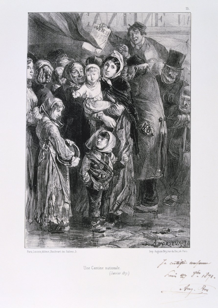 Wojna francusko-pruska 1870-1871. Oblężenie Paryża 19 września 1870-28 stycznia 1871. Narodowa jadłodajnia w Paryżu, styczeń 1871. Z serii litografii Clementa Augusta Andrieux na temat Gardes Nationales. Głód niedoboru żywności autorstwa Clément Auguste Andrieux