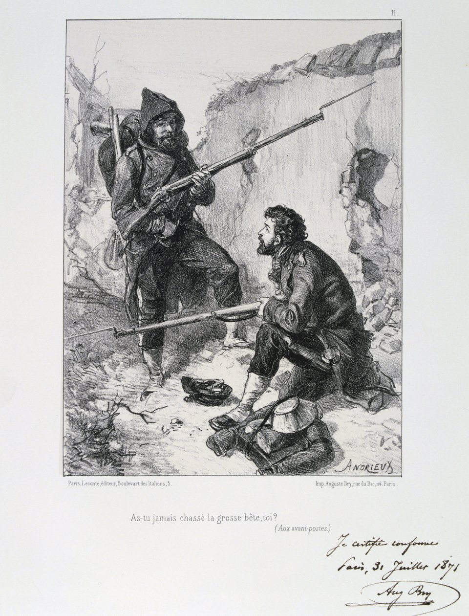 Wojna francusko-pruska 1870-1871. Oblężenie Paryża 19 września 1870-28 stycznia 1871. Przybycie Garde Mobile do pomocy w obronie Paryża, wrzesień 1870. Z serii litografii Clementa Augusta Andrieux na temat Gardes Nationales. autorstwa Clément Auguste Andrieux