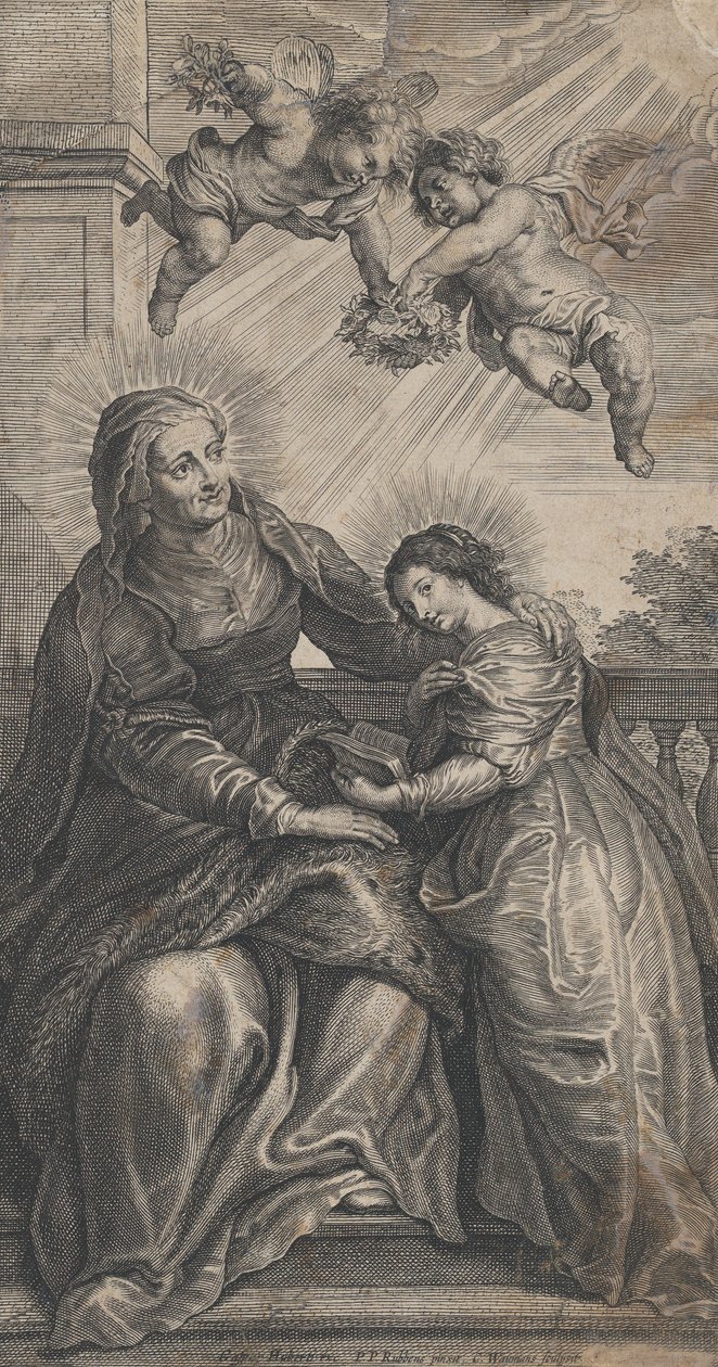 Wychowanie Matki Boskiej, z czytaniem św. Anny i Marii Panny z dwoma p..., ca. 1700-24. autorstwa Coenrad Waumans