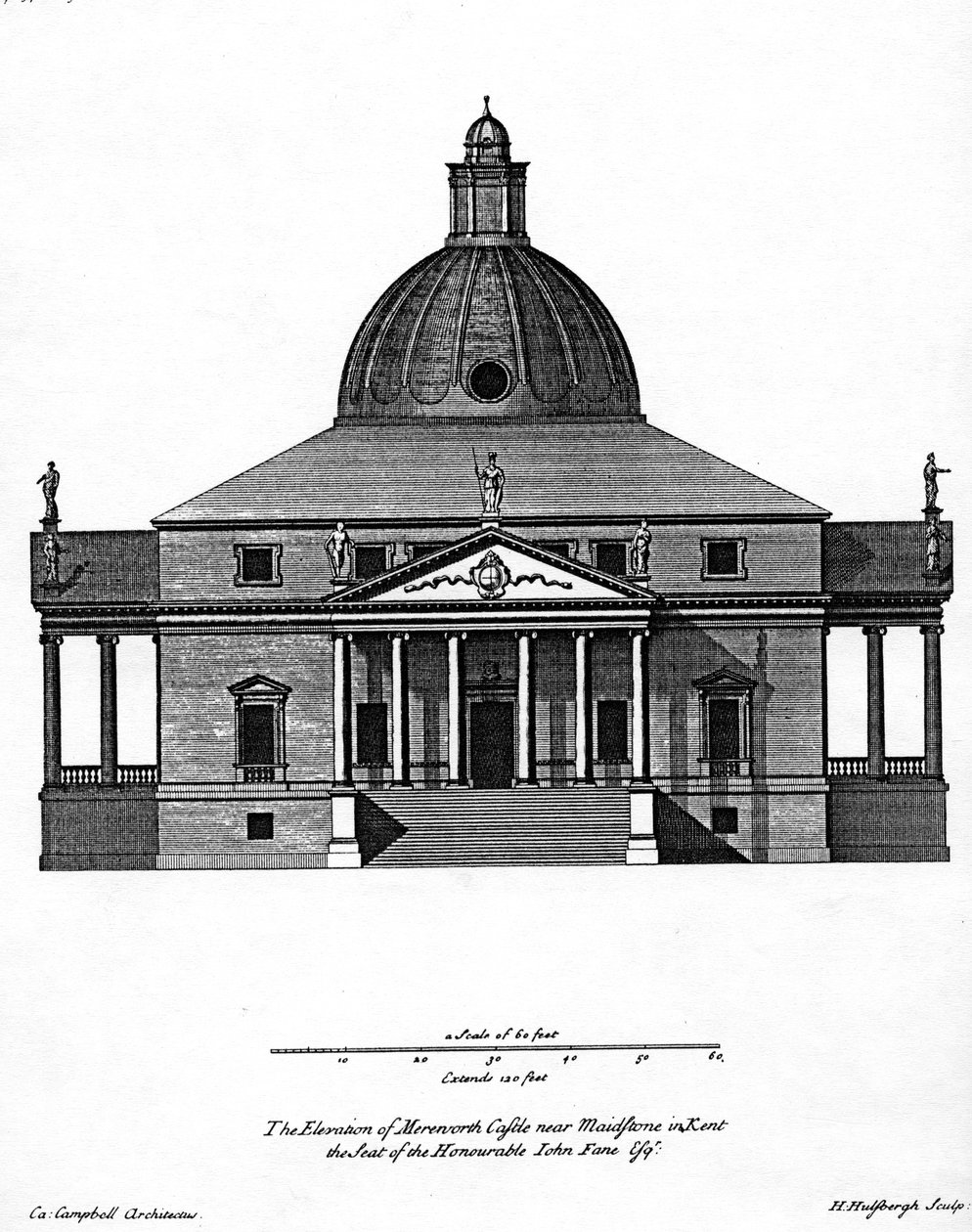 Elewacja zamku Mereworth, rytowana przez H. Hulsbergha, ok. 1722-24 autorstwa Colen Campbell