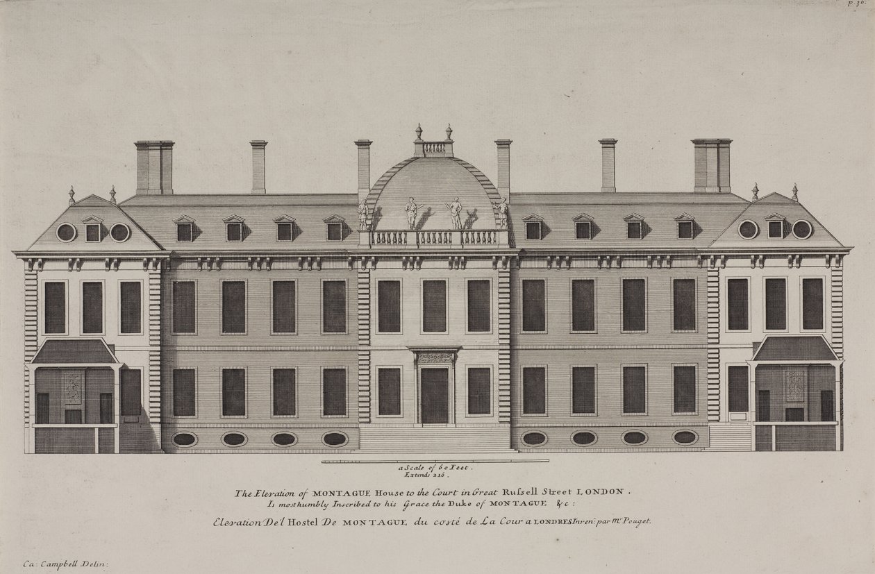 Elewacja Montague House na dwór Great Russell Street, Holborn, c.1725 (rycina) autorstwa Colen Campbell