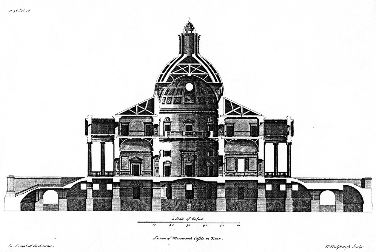 Fragment zamku Mereworth w hrabstwie Kent, rytowany przez H. Hulsbergha, ok. 1722-24 autorstwa Colen Campbell