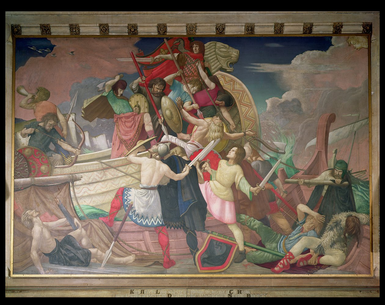 Longships króla Alfreda, nowo zbudowane do obrony królestwa, statki szturmowe duńskich najeźdźców Storm-Beaten w Swanage Bay w 877, detal z serii w St. autorstwa Colin Unwin Gill
