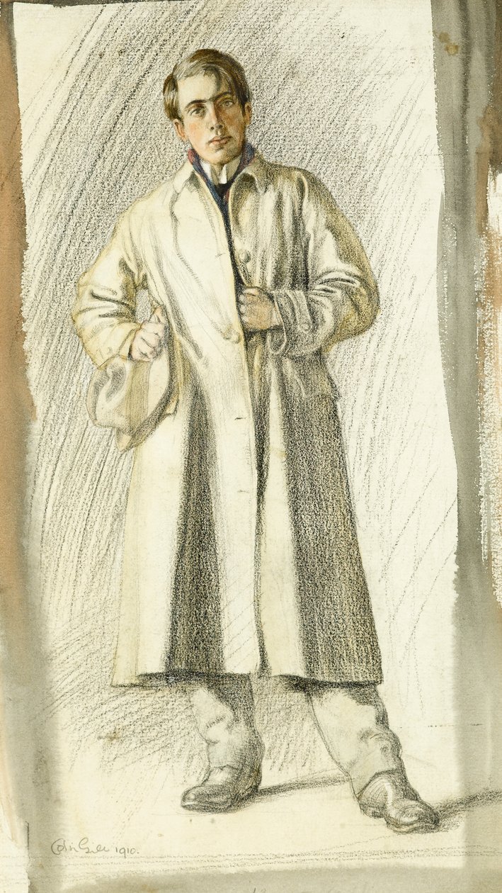 Portret młodego mężczyzny w płaszczu i kapeluszu, 1910 autorstwa Colin Unwin Gill