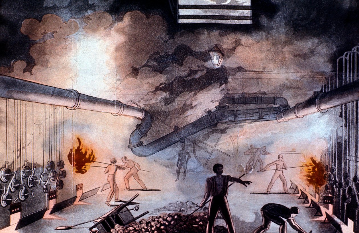 Retorty ładujące w Gas Light Establishment, Brick Lane, Londyn, 1822 r autorstwa Colin Mackenzie