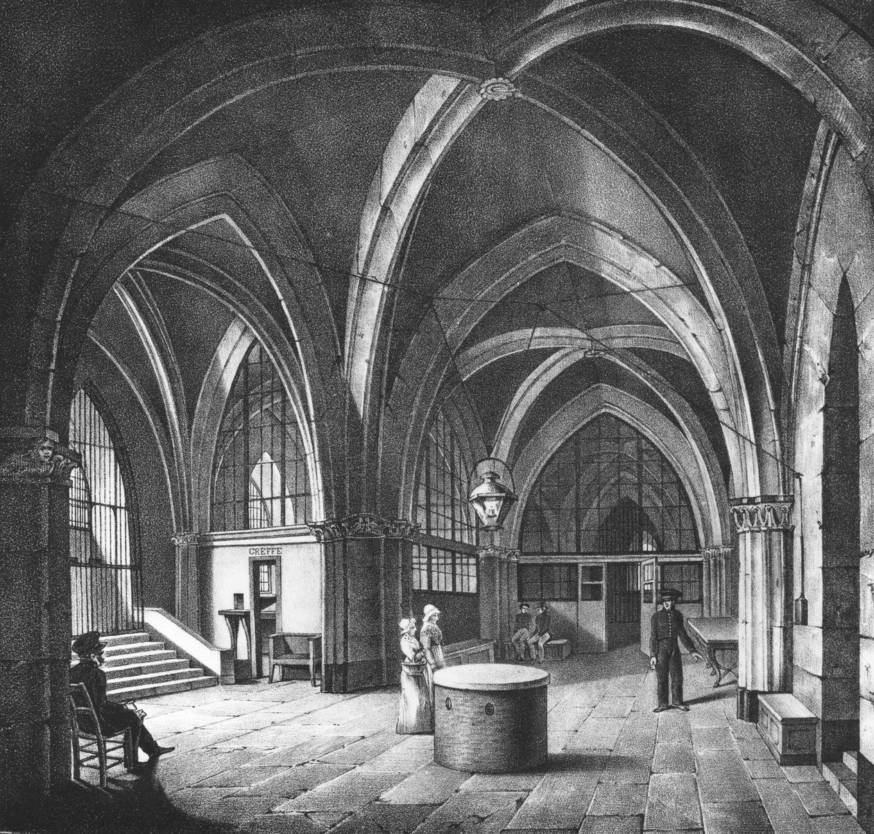 Widok wnętrza sali wejściowej do więzienia Conciergerie, wyryty przez Alphonse