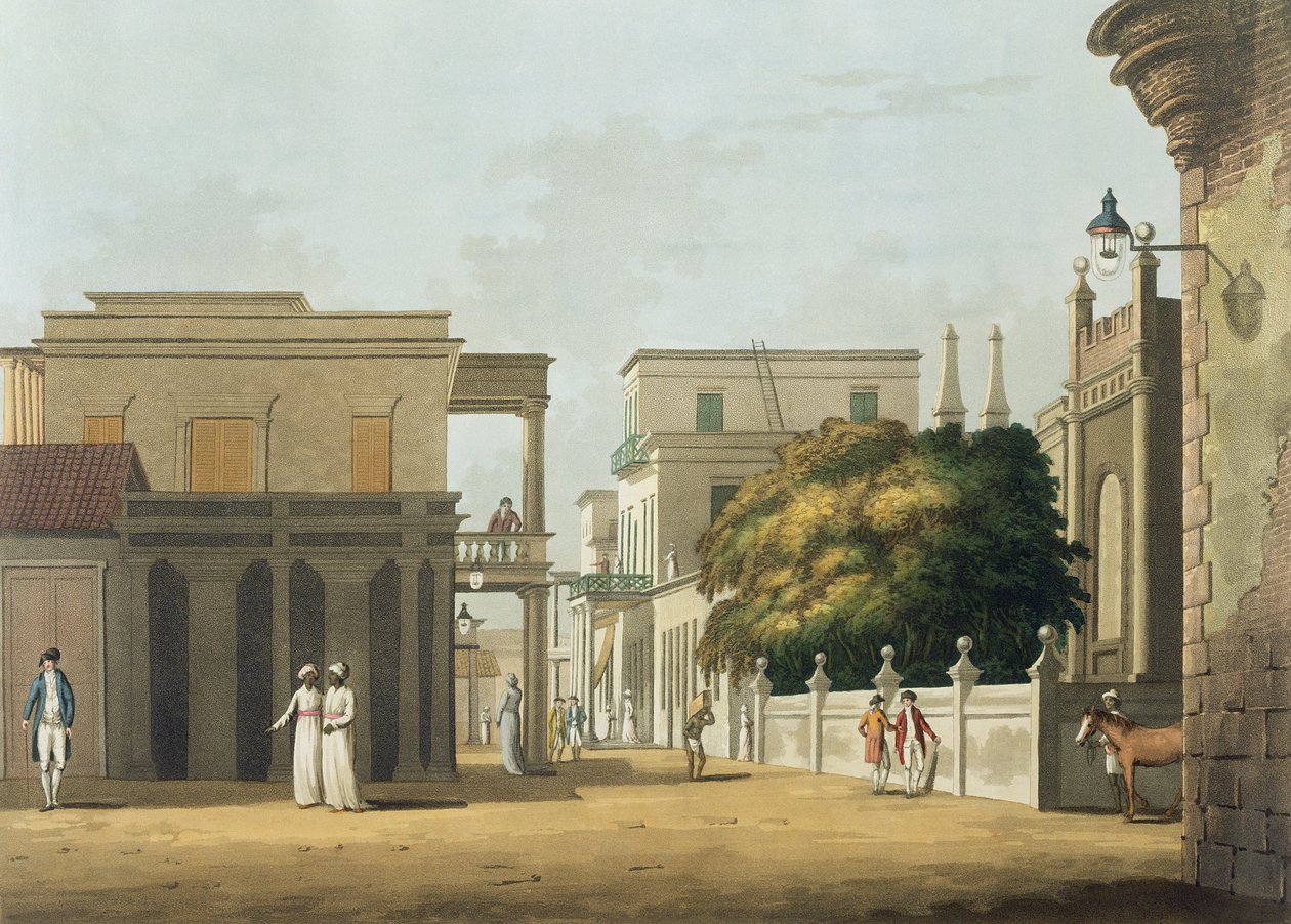 A View of Part of St. Thome Street, Fort St. George, tablica 12 z "Twenty Four Views in Hindostan", rytowane przez H. Merke, pub. przez Edward Orme (1774-c.1820) 1804 (akwatinta) autorstwa Colonel Francis Swain Ward