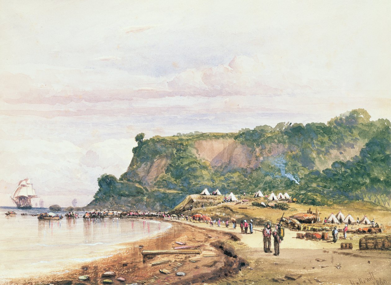 Lądowanie wojsk brytyjskich i francuskich w Varua nad Morzem Czarnym z H.M.S. Bellerophon, 17 lipca 1854 w wojnie krymskiej (akwarela) autorstwa Colonel Ben Hallewell