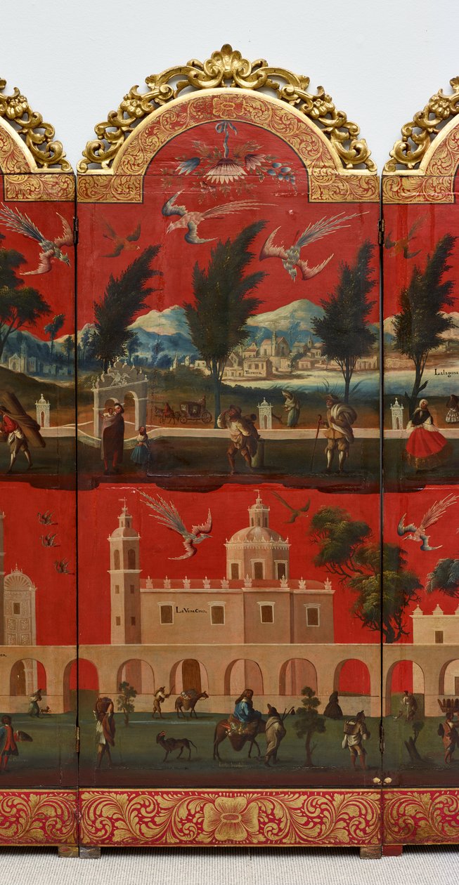 Biombo z widokami miasta Meksyk (olej na czerwonym lakierze maki-e na panelu, z pozłacanymi drewnianymi mocowaniami i lnianym podkładem) autorstwa Colonial Spanish