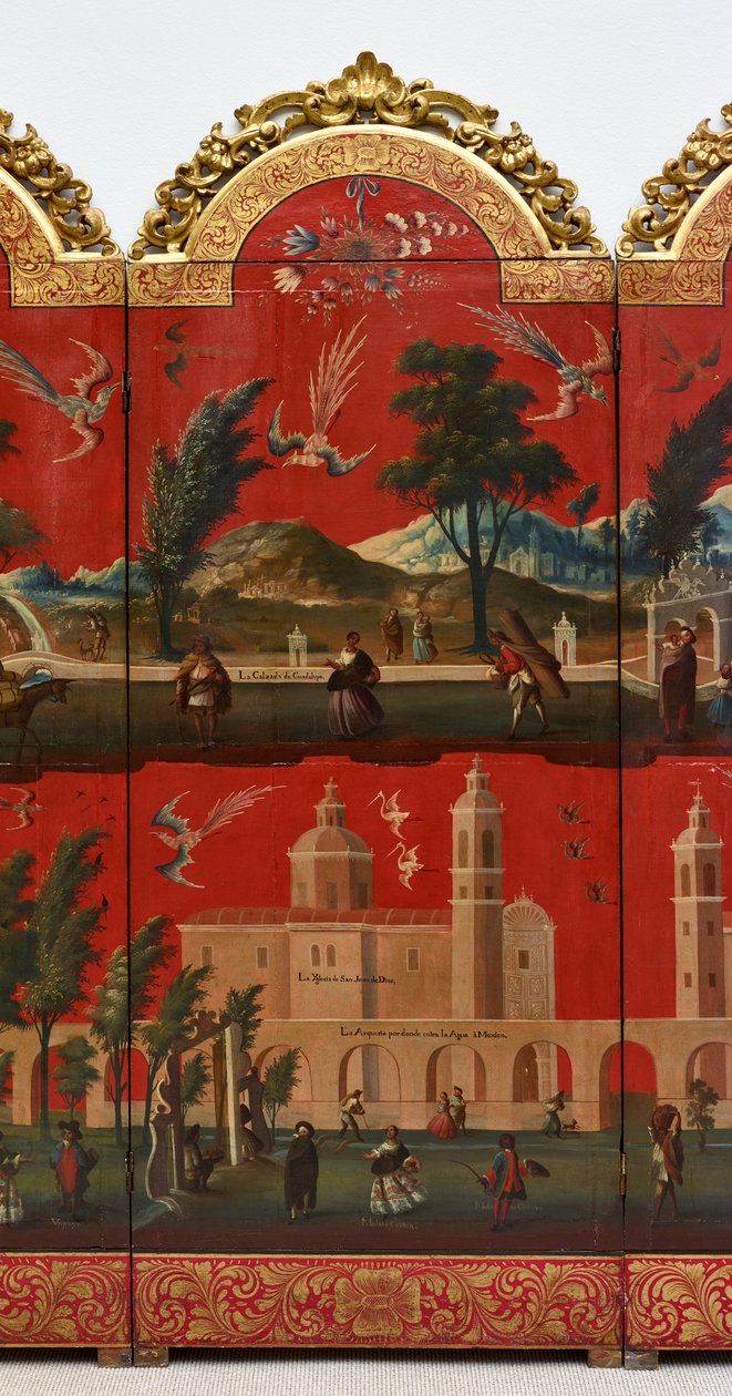 Biombo z widokami miasta Meksyk (olej na czerwonym lakierze maki-e na panelu, z pozłacanymi drewnianymi mocowaniami i lnianym podkładem) autorstwa Colonial Spanish
