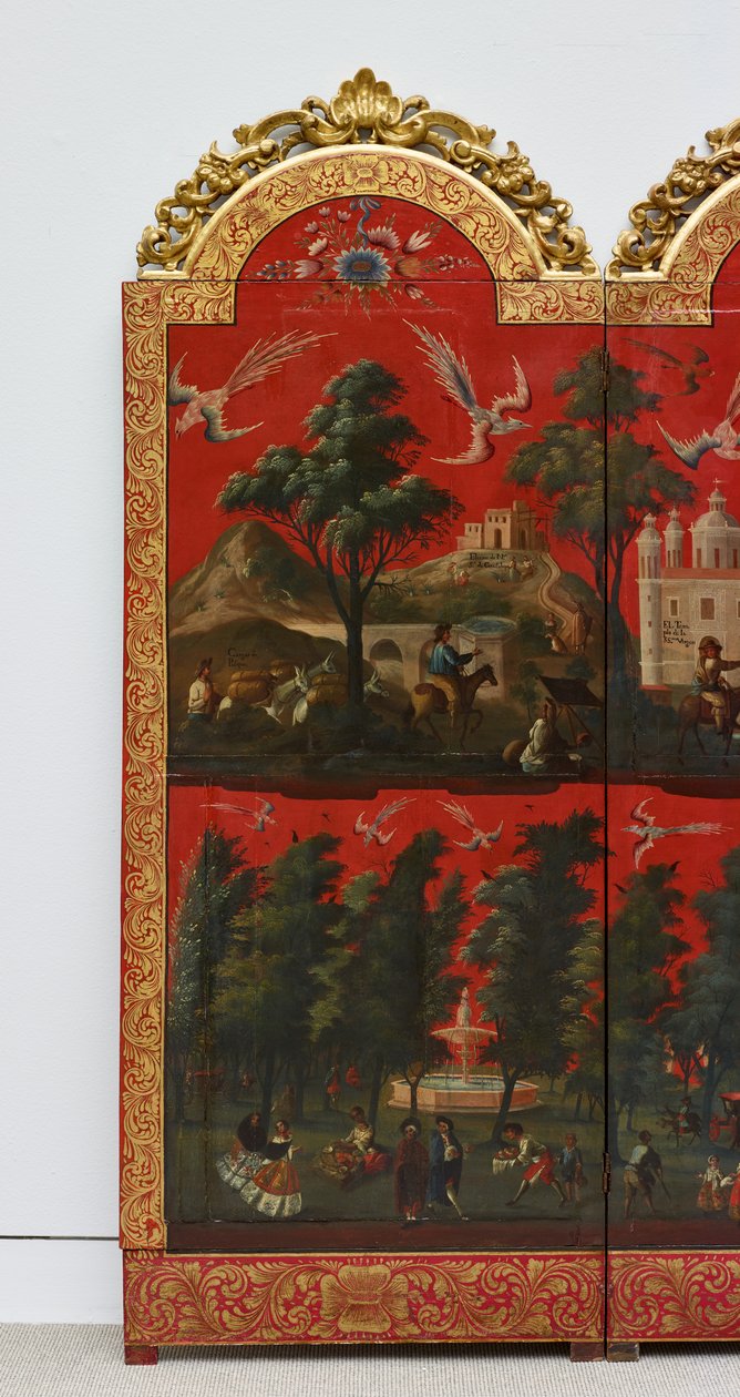 Biombo z widokami miasta Meksyk (olej na czerwonym lakierze maki-e na panelu, z pozłacanymi drewnianymi mocowaniami i lnianym podkładem) autorstwa Colonial Spanish
