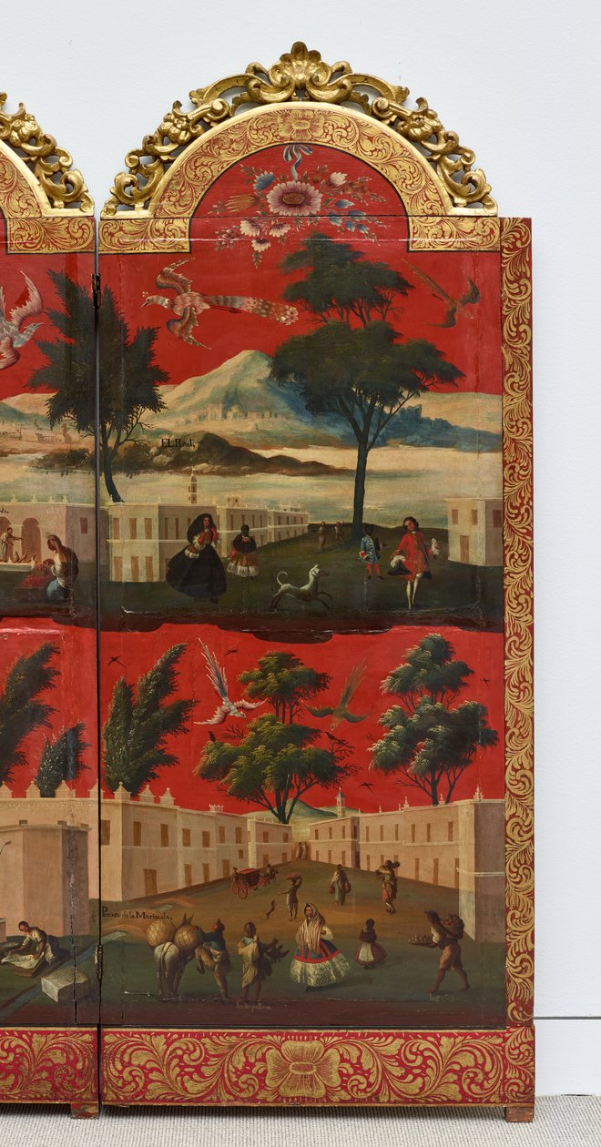 Biombo z widokami miasta Meksyk (olej na czerwonym lakierze maki-e na panelu, z pozłacanymi drewnianymi mocowaniami i lnianym podkładem) autorstwa Colonial Spanish