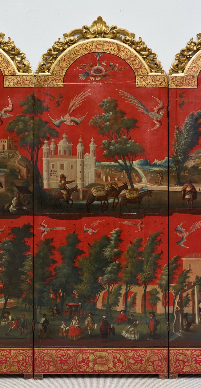 Biombo z widokami miasta Meksyk (olej na czerwonym lakierze maki-e na panelu, z pozłacanymi drewnianymi mocowaniami i lnianym podkładem) autorstwa Colonial Spanish
