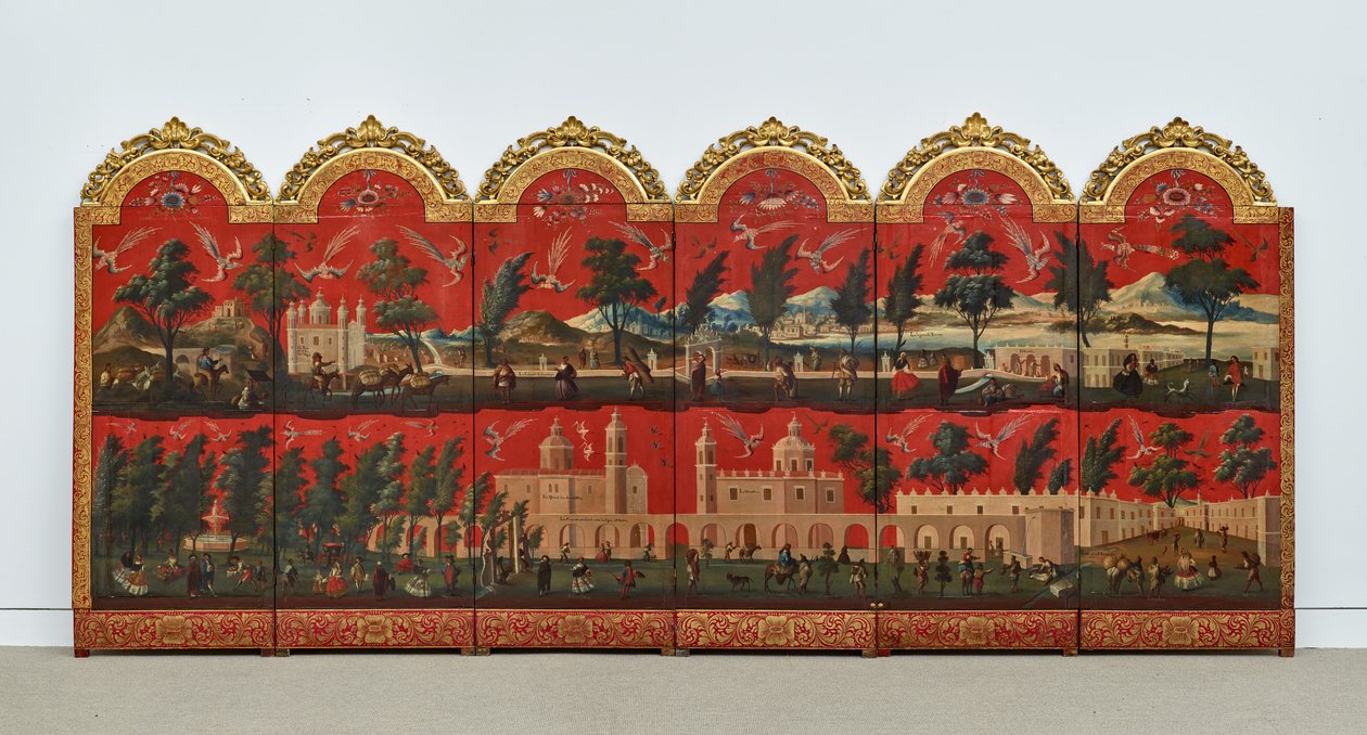 Biombo z widokami miasta Meksyk (olej na czerwonym lakierze maki-e na panelu, z pozłacanymi drewnianymi mocowaniami i lnianym podkładem) autorstwa Colonial Spanish
