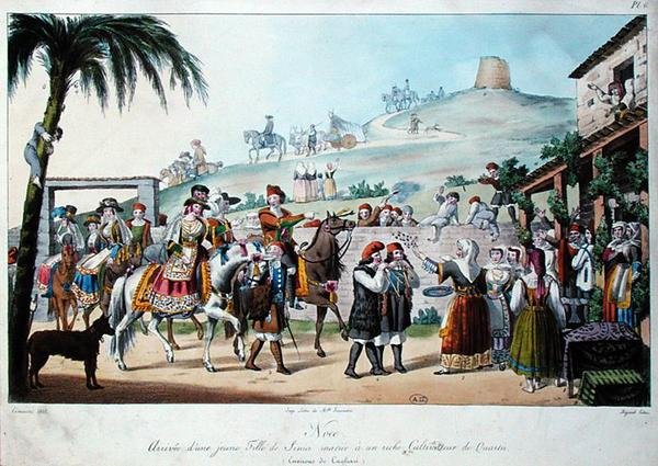 Procesja ślubna w regionie Cagliari we Włoszech, grawerowana przez Bezarda 1825 (kolorowa lito) autorstwa Cominotti Cominotti