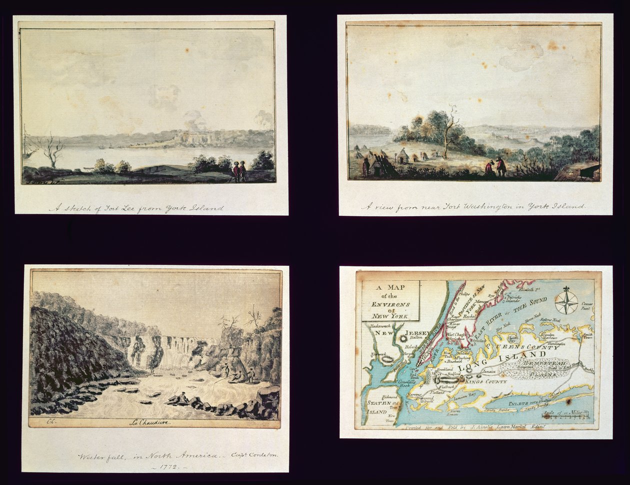 Sceny północnoamerykańskie i mapa Nowego Jorku, ok. 1772 r. autorstwa Conleton