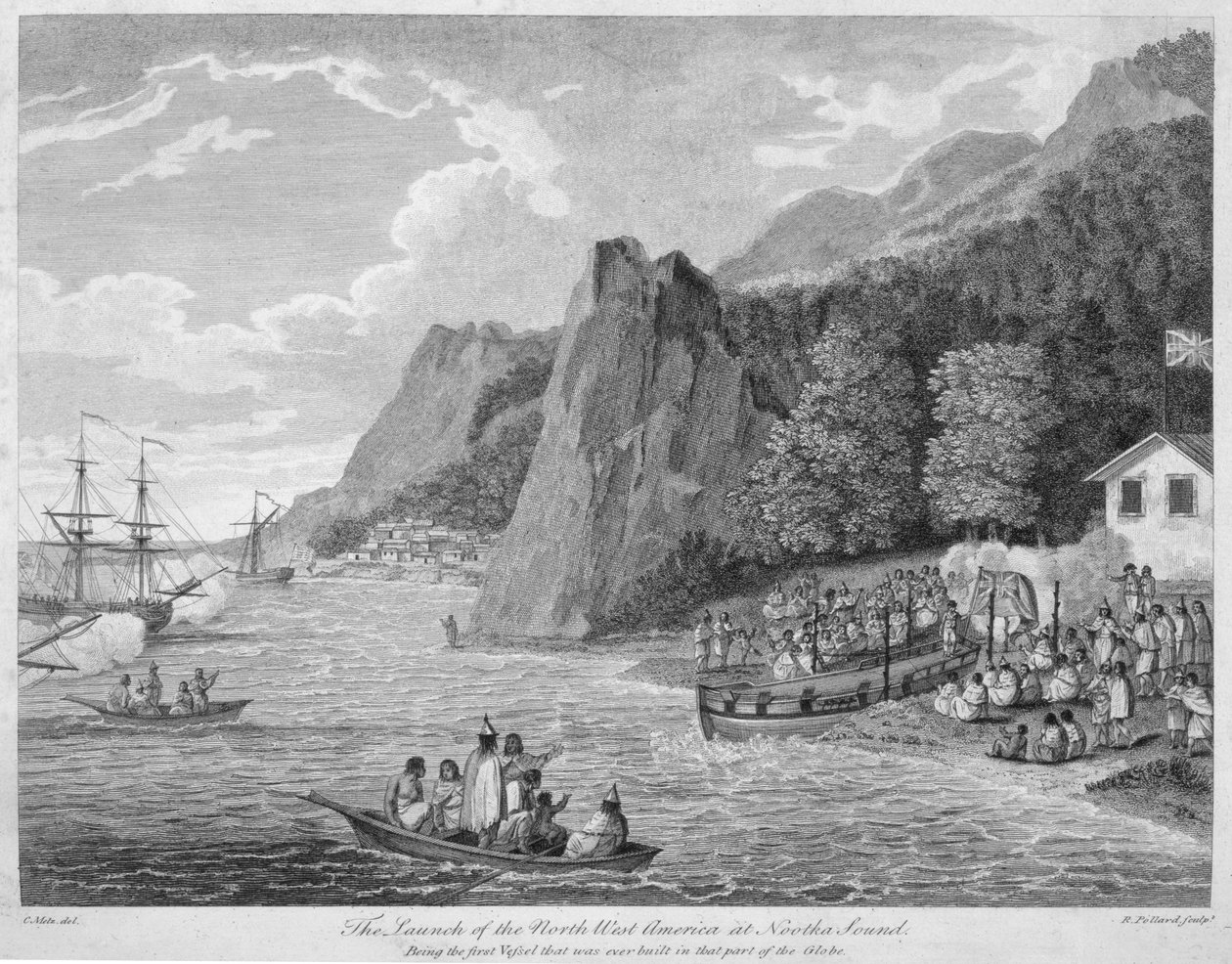 Rozpoczęcie Ameryki Północno-Zachodniej w Nootka Sound, z „Podróży wykonanych w latach 1788 i 1789, z Chin do północno-zachodniego wybrzeża Ameryki”, autorstwa kapitana Johna Mearesa (1756-1809) rytego przez Robe autorstwa Conrad Martin Metz