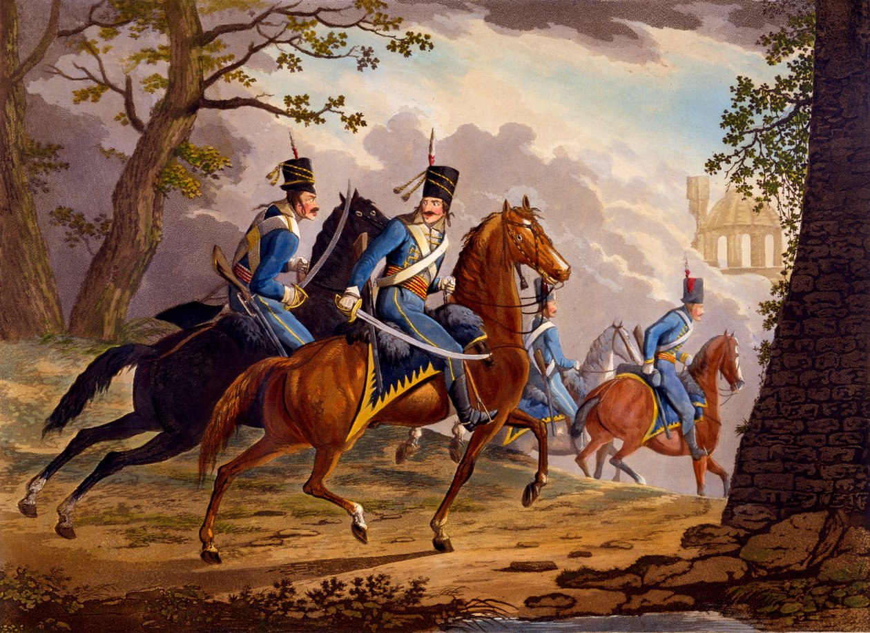 Husaria austriacka w pogoni za wrogiem, 1799 (akwatinta ręcznie kolorowana) autorstwa Conrad Gessner