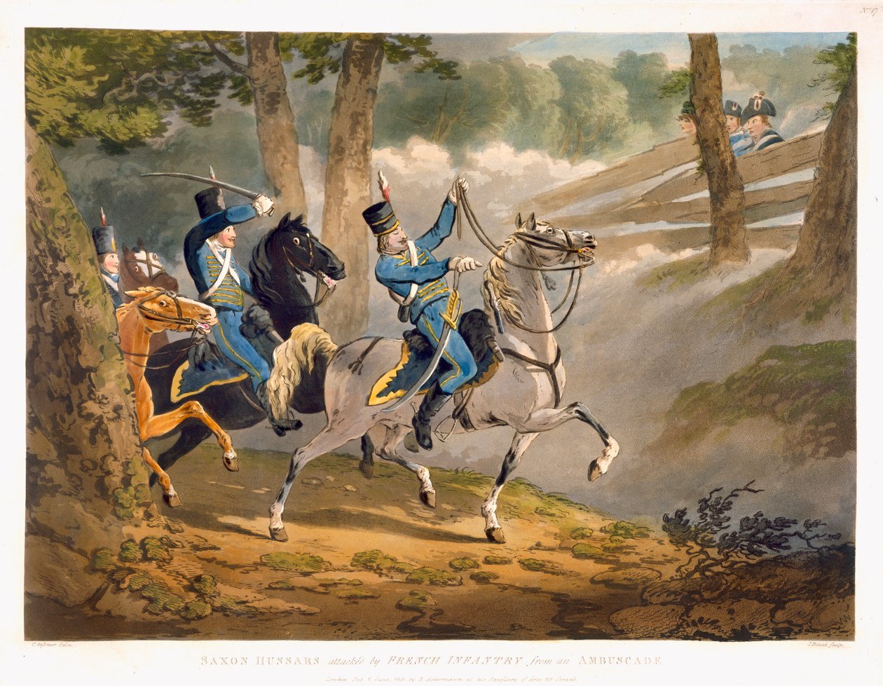 Saxon Hussars zaatakowani przez francuską piechotę z Ambuscade, z „Military Evolutions”, wyd. Ackermann, Londyn, 1799-1802 autorstwa Conrad Gessner