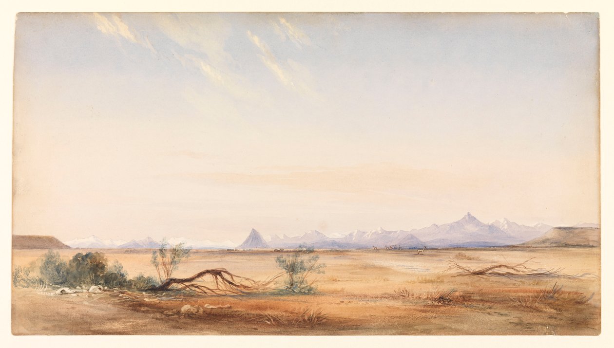 Kordyliera Andów widziana z Równiny Tajemnic, niedaleko Santa Cruz, ok. 1878 r. (akwarela) autorstwa Conrad Martens