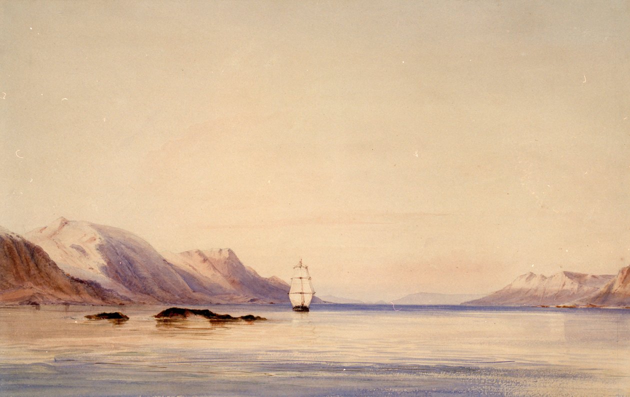 Statek badawczy HMS "Beagle" w kanale Beagle, Tierra del Fuego autorstwa Conrad Martens