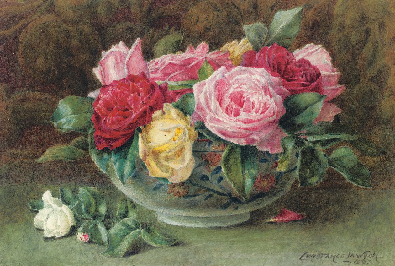 Martwa natura z miską różowych, żółtych i czerwonych róż, 1883 autorstwa Constance Lawson