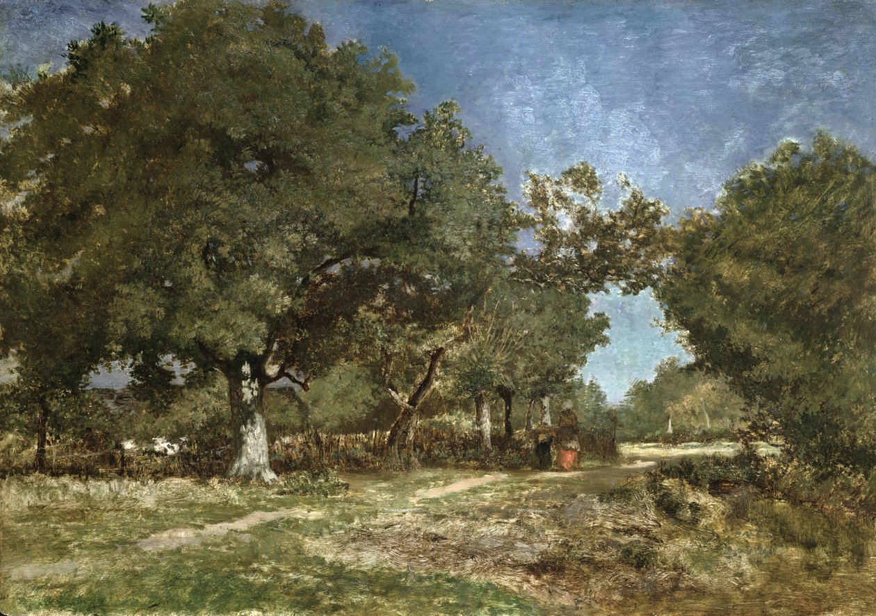 Pejzaż ze ścieżką prowadzącą do Etang a la Dame (olej na płycie kołyskowej) autorstwa Constant Emile Troyon