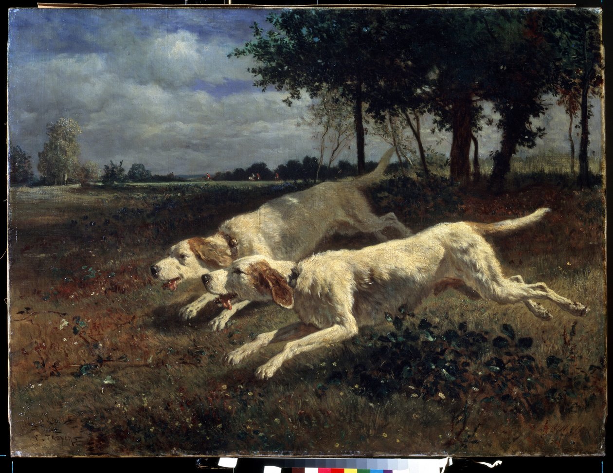 Biegnące psy. Obraz Constanta Troyona (1810-1865). Olej na płótnie, 75 x 11 cm autorstwa Constant Emile Troyon