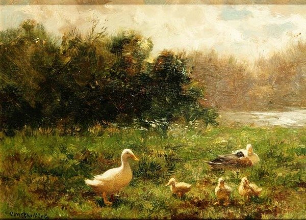 Kaczka i kaczątka na brzegu rzeki (olej na płótnie) autorstwa Constant Artz