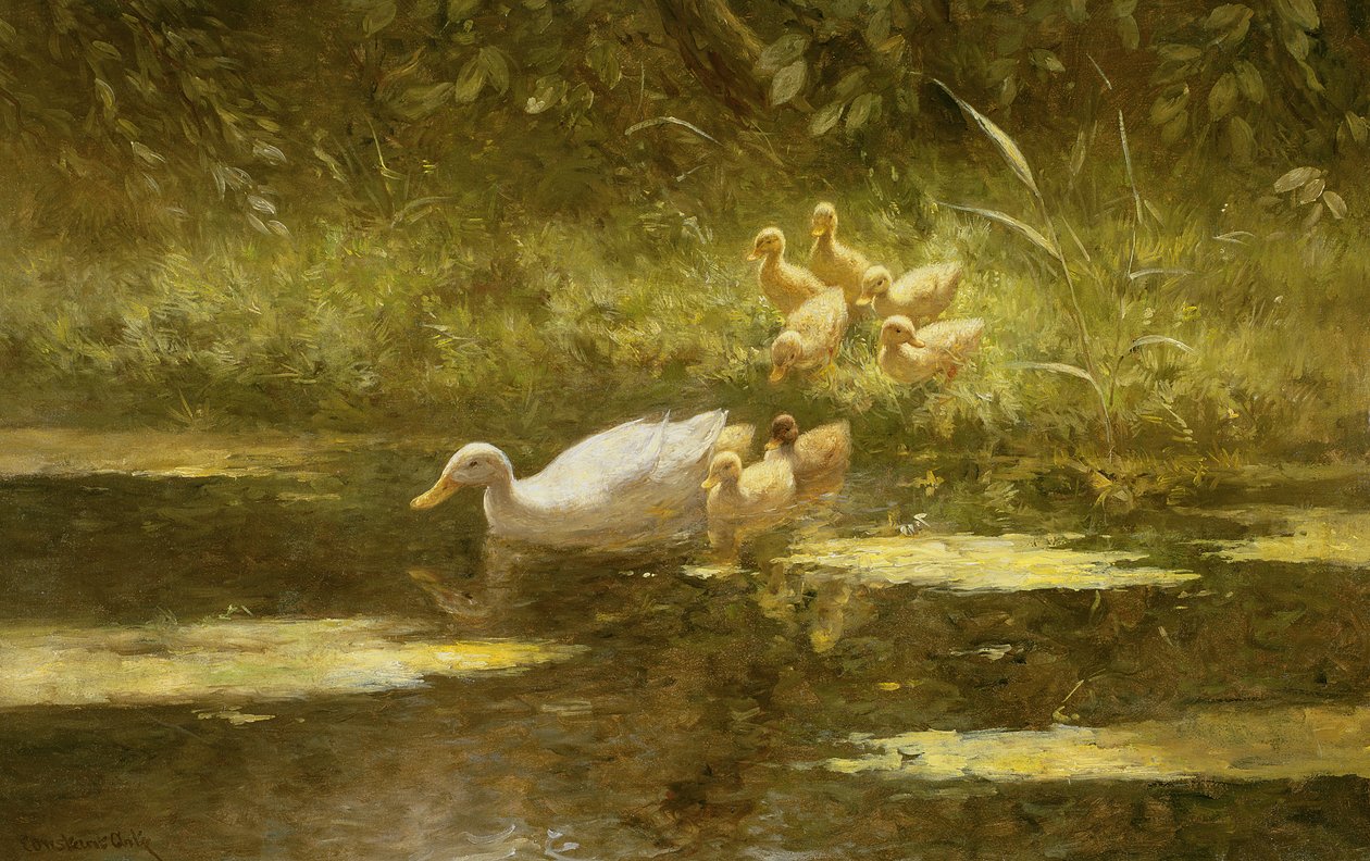 Kaczka z kaczuszkami na brzegu rzeki (olej na płótnie) autorstwa Constant Artz