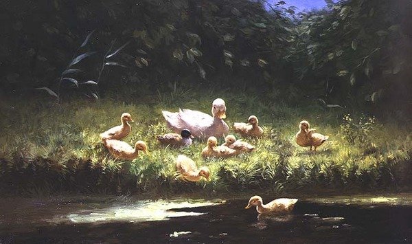 Kaczątka nad brzegiem rzeki (olej na płótnie) autorstwa Constant Artz