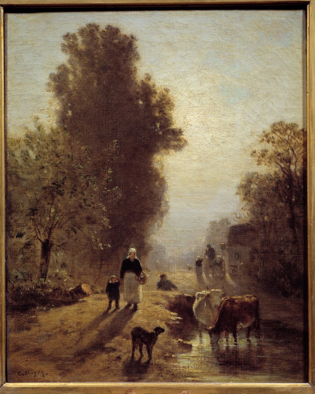 Rano Rodziny chłopskie i betail we mgle świtu. Obraz Constanta Troyona (1810-1865) XIX w. Niedz. 0,41x0,32 m² autorstwa Constant Emile Troyon