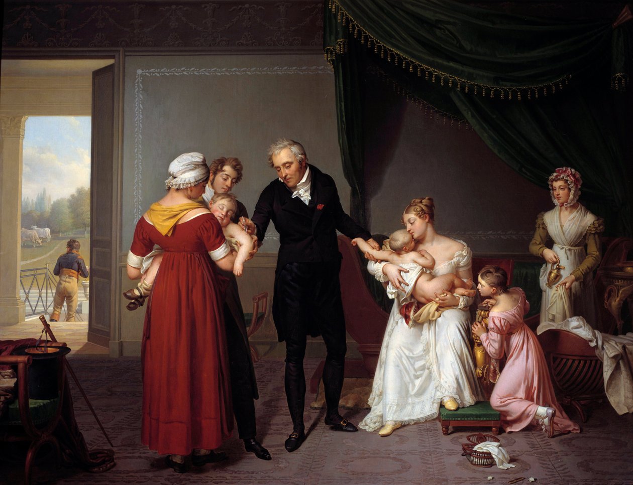 Alibert szczepi dziecko w zamku Liancourt. To zdjęcie przedstawia szczepienie przeciwko ospie, zgodnie z zasadą Edwarda Jennera. Malarstwo Constant Desbordes (1761-1827) autorstwa Constant Joseph Desbordes