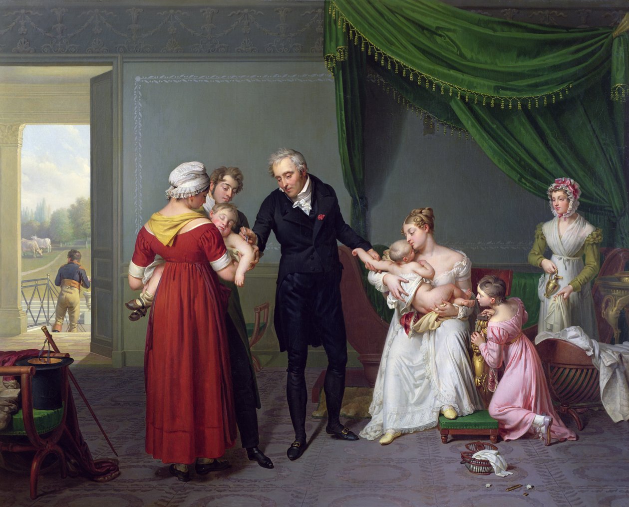 Baron Jean Louis Alibert (1768-1837) przeprowadza szczepienie przeciwko ospie w zamku Liancourt, ok. 1930 r. 1820 autorstwa Constant Joseph Desbordes