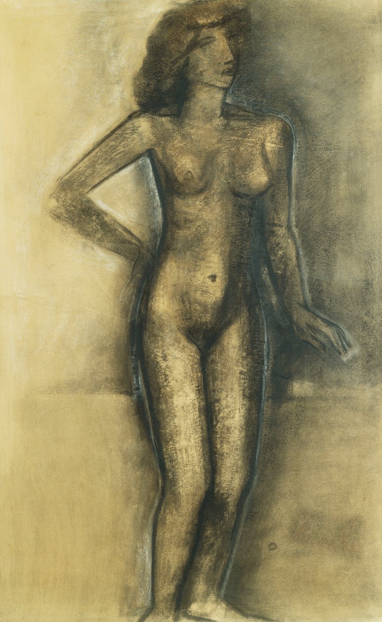 Stojąc nago; Nu Debout - Standing Nude, ok. 1945 r. (węgiel i pastel na papierze) autorstwa Constant Permeke