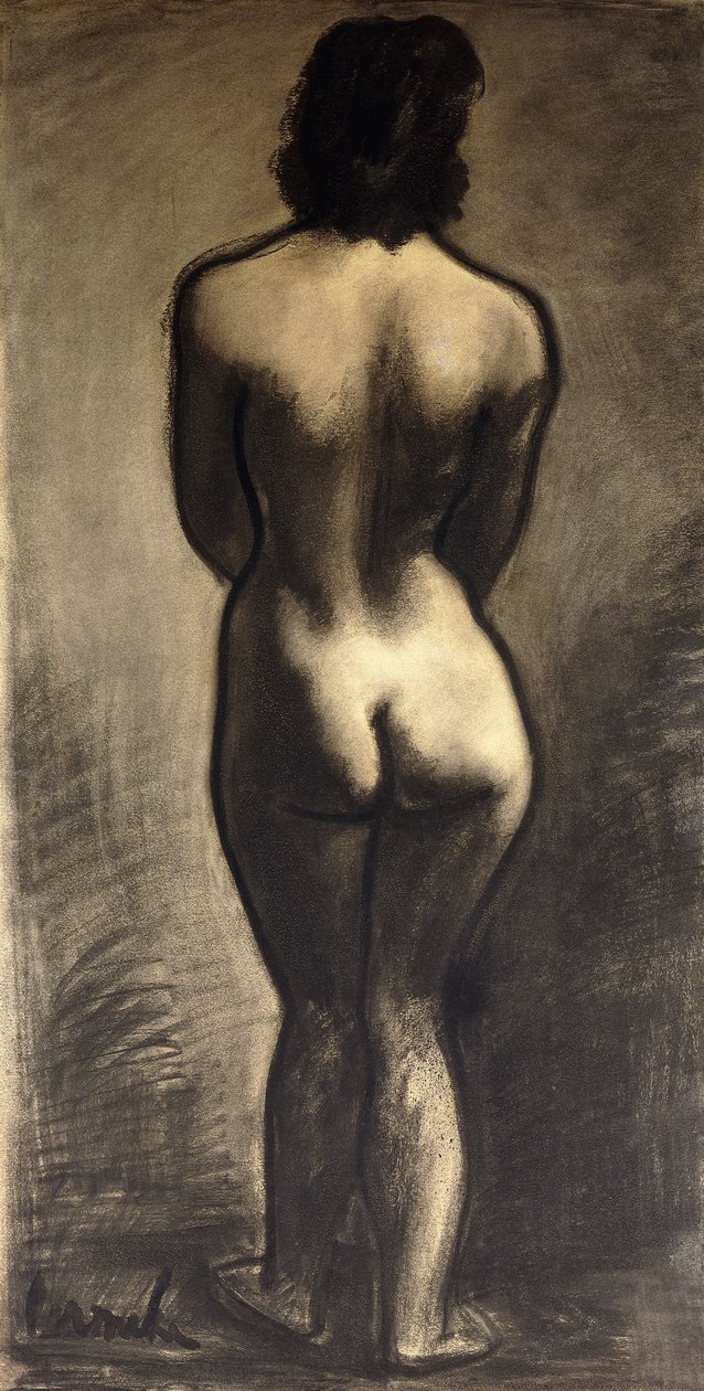Stojąc nago; Nu Debout - Stand Naakt, ok. 1930 (czarna kreda i czarne pranie na papierze) autorstwa Constant Permeke