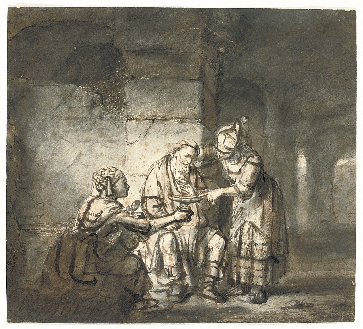 Lot i jego córki (Księga Rodzaju 19:33) (czarna i czerwona kreda, długopis i brązowy atrament) autorstwa Constantin Daniel van Renesse